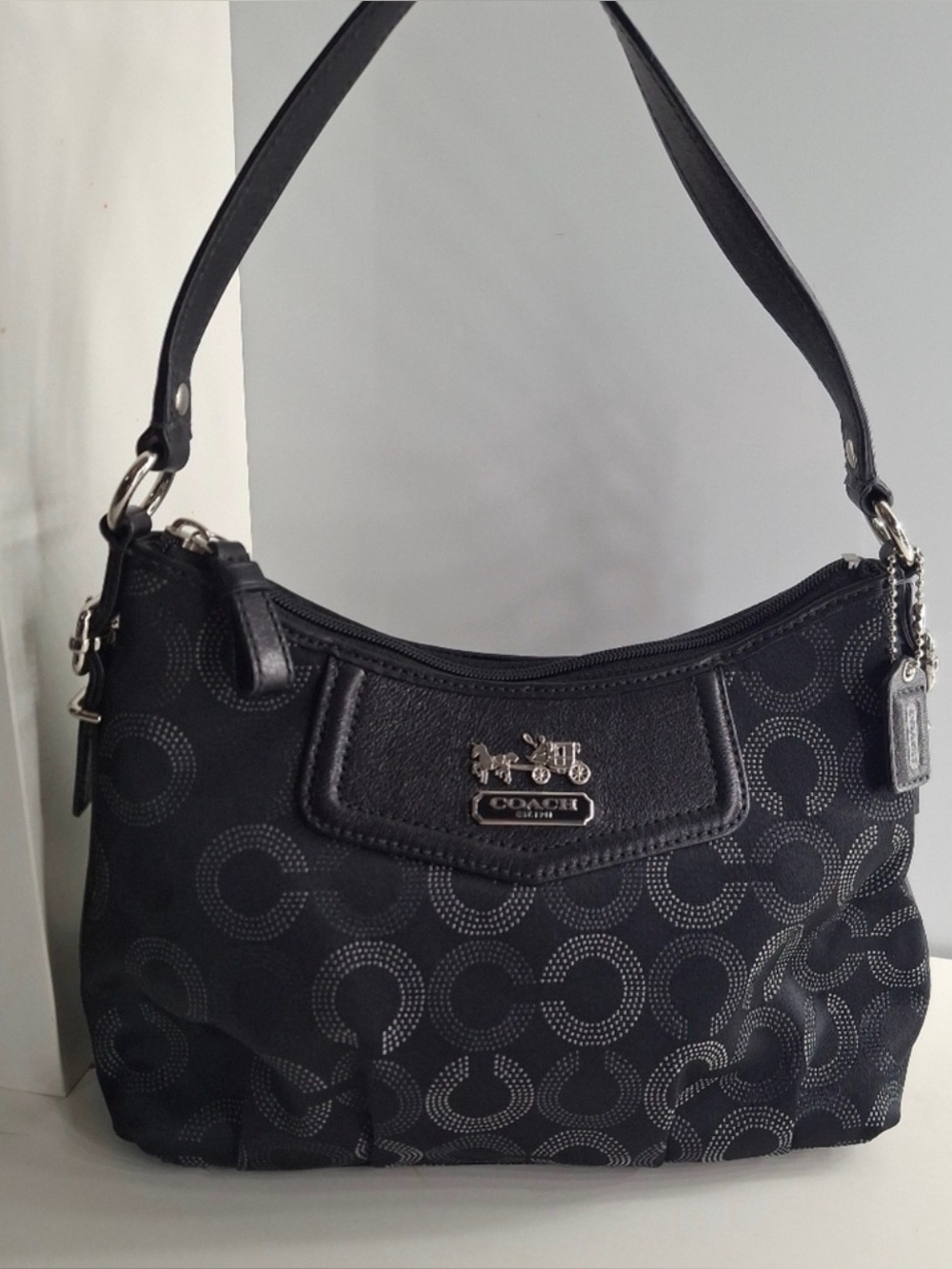 Coach Black Signature Shoulder Bag with Silver Accents